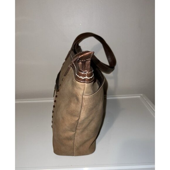 BOC Brown Faux Leather Double Handles Top Zipper Stitched Tote Bag - Picture 4 of 16